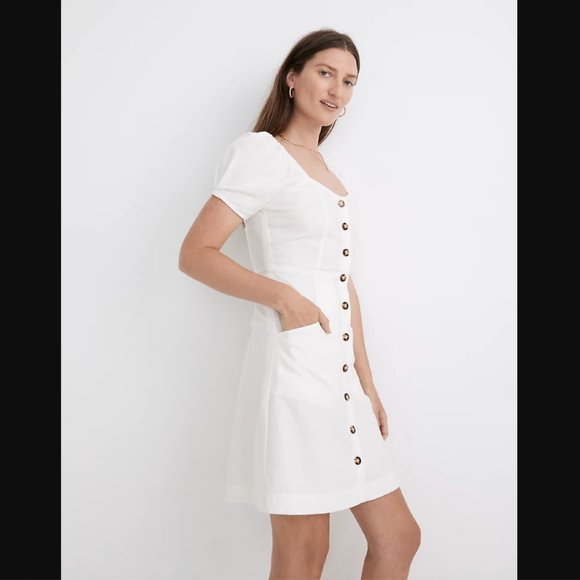 ✨NEW✨  Madewell Linen Cotton Puff-Sleeve Button-Front Retro Shift Dress - Picture 4 of 10